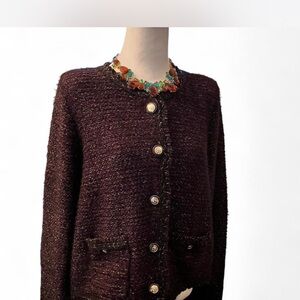 Chic and Extremely high end look Burgundy Tweed Cardigan classic look!